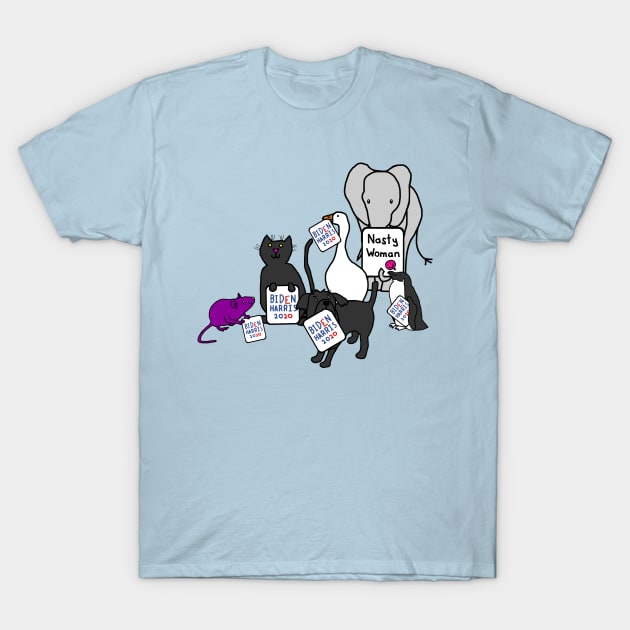 Animals with Biden Harris Signs Supporting Kamala Harris T-Shirt by ellenhenryart